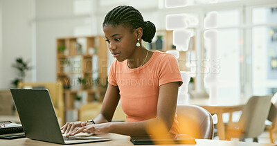 Buy stock photo Creative, laptop and working for office job, employee and busy for copywriter career. Businesswoman, confident and person for occupation, workplace and planning for social media marketing strategy
