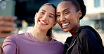 Exercise, selfie and women with smile, outdoor and laugh together after physical activity or memory. Happy people, profile picture and friends on fitness break, photography and wellness in city