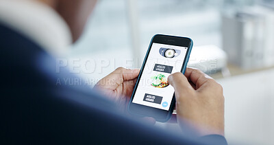 Buy stock photo Phone screen, scroll and menu with hands in office for food delivery, ecommerce and search. Online shopping, reputation rating and lunch choice with person and mobile app for takeaway catalog