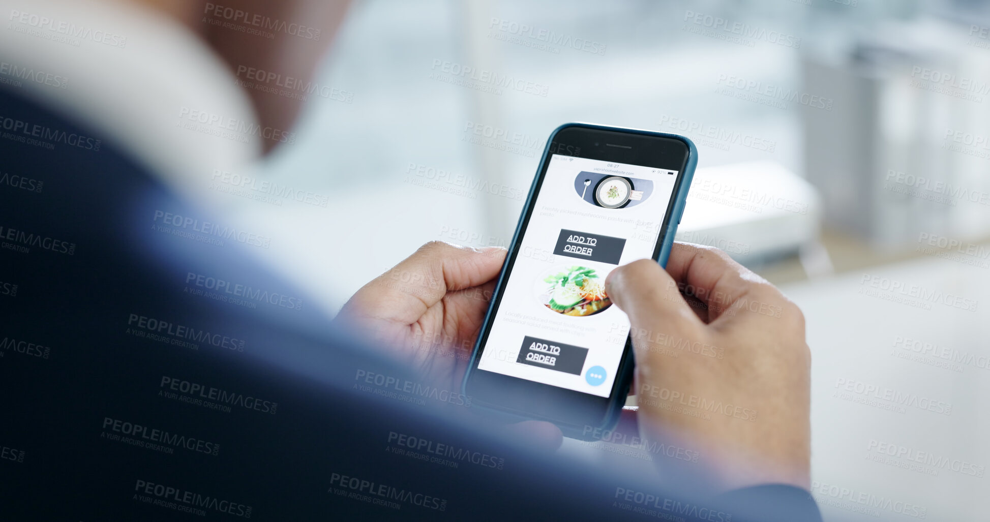 Buy stock photo Phone screen, scroll and menu with hands in office for food delivery, ecommerce and search. Online shopping, reputation rating and lunch choice with person and mobile app for takeaway catalog