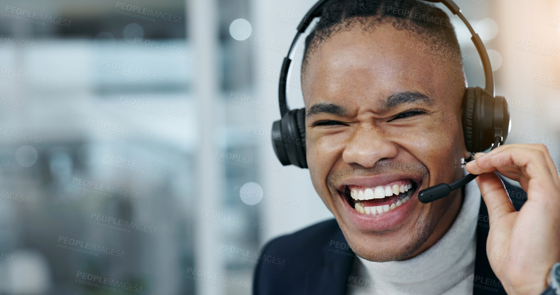 Buy stock photo Office, laugh and man with headset for call center, customer support and help for finance advice. Happy, portrait and African person with mic for contact us, friendly service and financial consulting