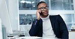 Serious, black man and lawyer in office with phone call, contact and legal advice for court case. Person, attorney and computer at law firm with mobile, question witness and feedback of trial verdict