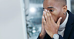 Reading, man or computer in office with stress, interest rate spike or trade execution error. Black person, stock broker and worry with tech for margin call warning, bad earnings report and pressure