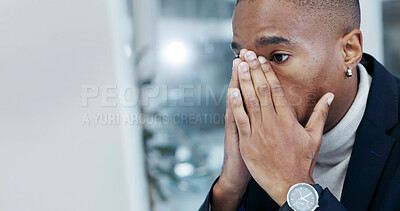Buy stock photo Reading, man or computer in office with stress, interest rate spike or trade execution error. Black person, stock broker and worry with tech for margin call warning, bad earnings report and pressure