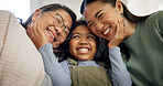 Family, love and child with grandma in home, laughing and bonding with senior mother in living room. Mom, generations and Asian people with girl, happiness and connection with grandparent in house