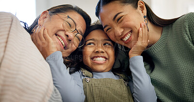 Buy stock photo Family, love and child with grandma in home, laughing and bonding with senior mother in living room. Mom, generations and Asian people with girl, happiness and connection with grandparent in house