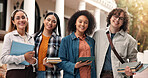 Outdoor, portrait and students with books, education and friends with scholarship on college campus. University, knowledge and happy people with tablet, learning and pride for academic development