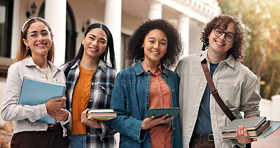 Buy stock photo Outdoor, portrait and students with books, education and friends with scholarship on college campus. University, knowledge and happy people with tablet, learning and pride for academic development