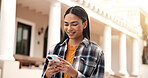 Woman, student and reading at campus with phone, test results and acceptance email for new semester. Smile, person and mobile app at university for enrollment, scholarship update and exchange program
