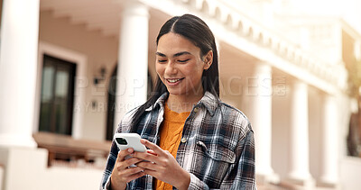 Buy stock photo Woman, student and reading at campus with phone, test results and acceptance email for new semester. Smile, person and mobile app at university for enrollment, scholarship update and exchange program