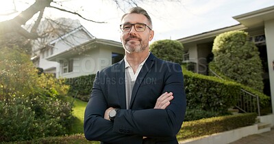 Buy stock photo Happy, portrait and man by house for real estate, about us and property development in neighborhood. Business, smile and mature person with confidence for realtor career, lease consultant and pride