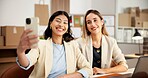 Logistics, selfie and happy woman in small business for photography, distribution or online startup. Female people, colleagues or smile with technology for supply chain, picture or memory together