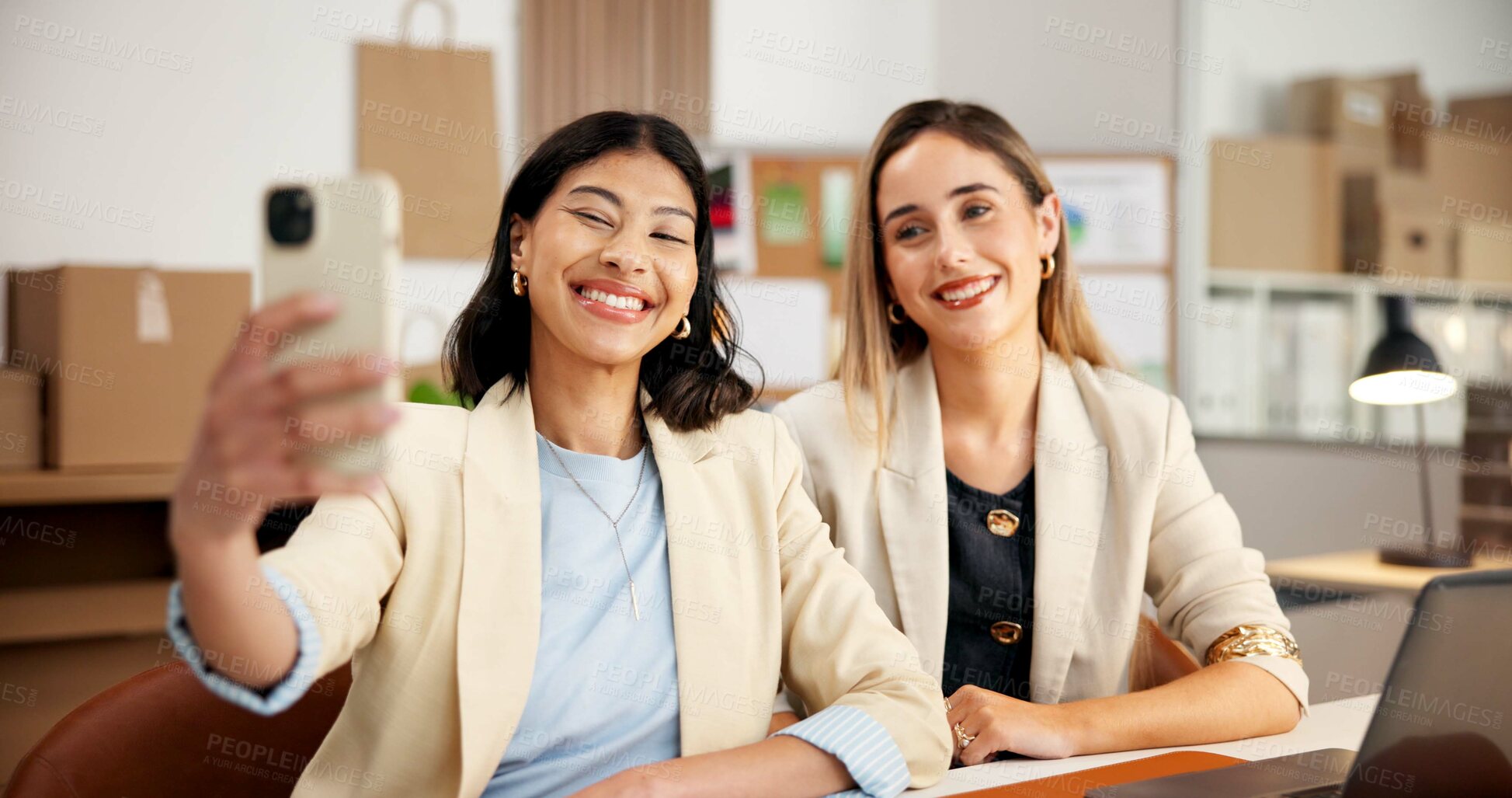 Buy stock photo Logistics, selfie and happy woman in small business for photography, distribution or online startup. Female people, colleagues or smile with technology for supply chain, picture or memory together