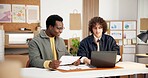 Logistics, paperwork and happy men with laptop in small business, talking and inventory management. Supply chain, entrepreneur and people with document, collaboration and chat with tech in startup