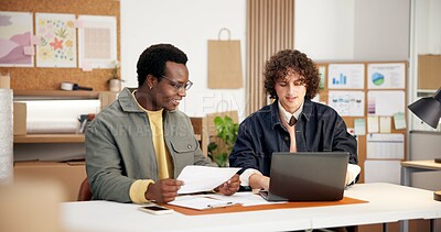 Buy stock photo Logistics, paperwork and happy men with laptop in small business, talking and inventory management. Supply chain, entrepreneur and people with document, collaboration and chat with tech in startup