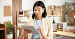 Ecommerce, search and woman in office with tablet for erp technology in small business inventory. Research, web or entrepreneur on digital app for online sales data, checklist or logistics management