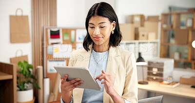Buy stock photo Ecommerce, search and woman in office with tablet for erp technology in small business inventory. Research, web or entrepreneur on digital app for online sales data, checklist or logistics management