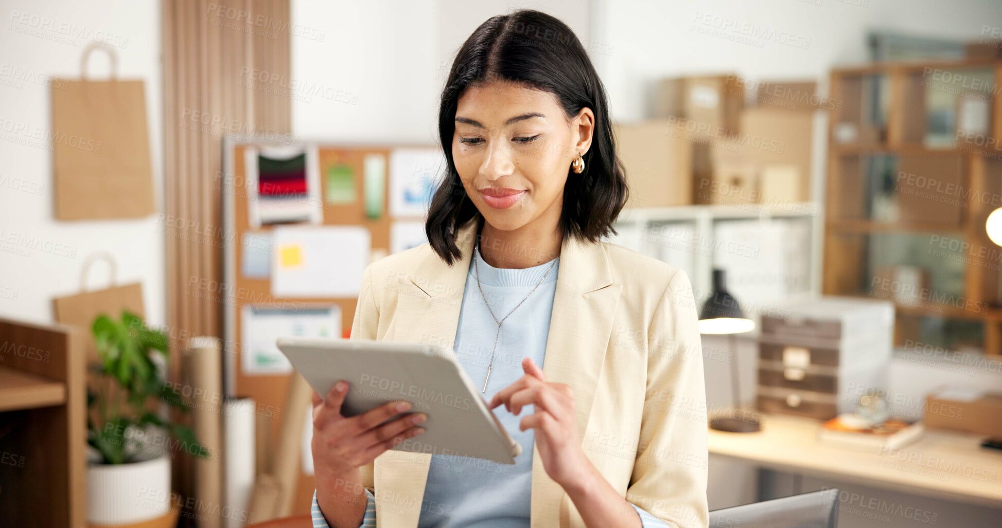Buy stock photo Ecommerce, search and woman in office with tablet for erp technology in small business inventory. Research, web or entrepreneur on digital app for online sales data, checklist or logistics management
