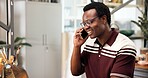 Phone call, smile or black man in shop with pottery, client chat or negotiation with clay supplier. Happy, networking or owner with technology, discussion or vendor coordination in ceramic business.
