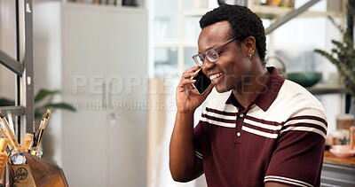 Buy stock photo Phone call, smile or black man in shop with pottery, client chat or negotiation with clay supplier. Happy, networking or owner with technology, discussion or vendor coordination in ceramic business.