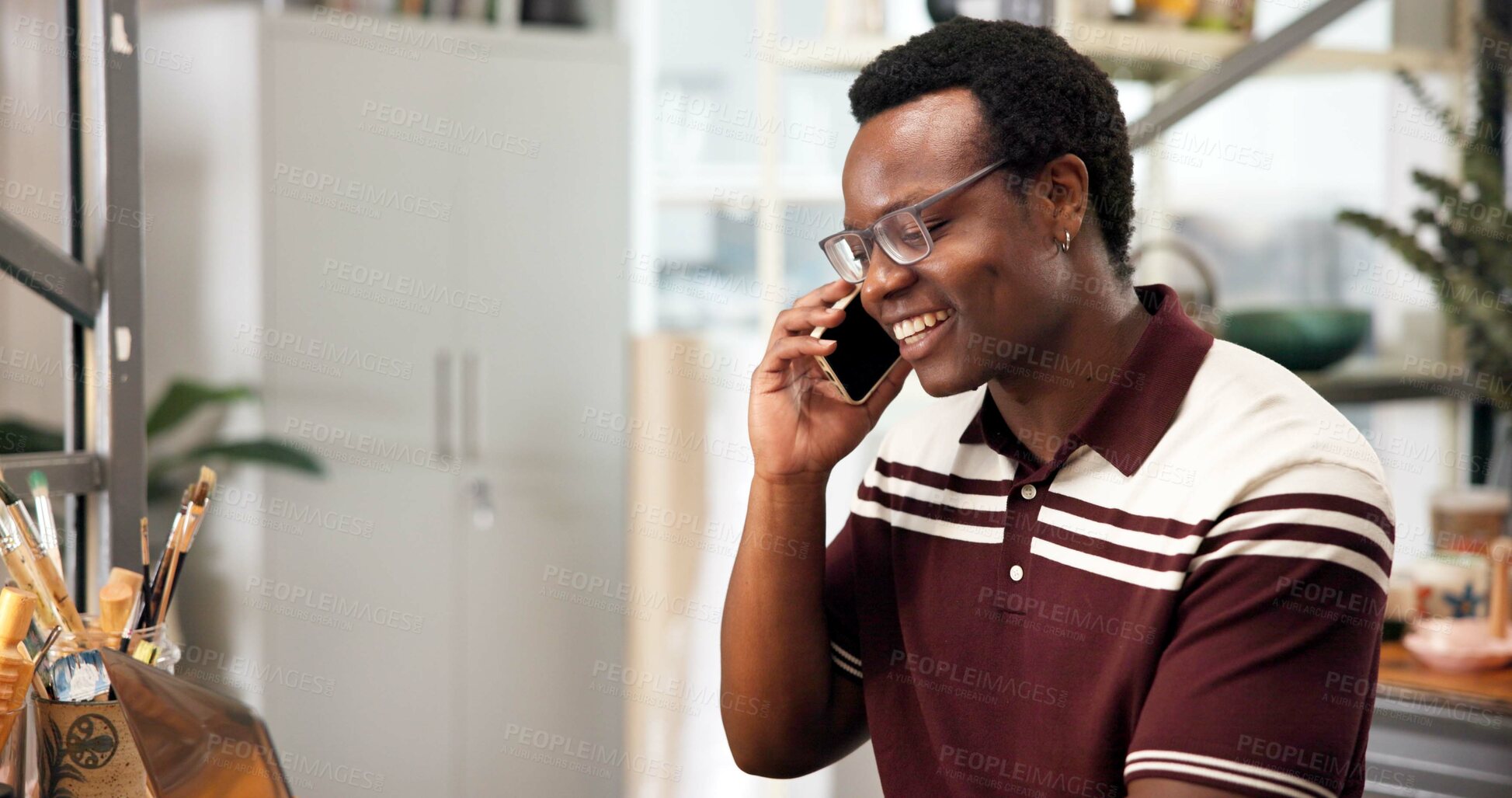 Buy stock photo Phone call, smile or black man in shop with pottery, client chat or negotiation with clay supplier. Happy, networking or owner with technology, discussion or vendor coordination in ceramic business.
