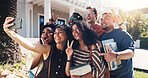 Students, selfie and peace sign in university with social media post, diversity and learn together. Happy, friends and photography outdoor in college with emoji, community and memories for education.