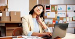 Logistics, laptop or woman in office with neck pain, burnout or muscle tension in ecommerce business. Tendinitis, bad posture or supplier with tech, cervical sprain or fatigue in startup management.