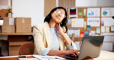 Buy stock photo Logistics, laptop or woman in office with neck pain, burnout or muscle tension in ecommerce business. Tendinitis, bad posture or supplier with tech, cervical sprain or fatigue in startup management.