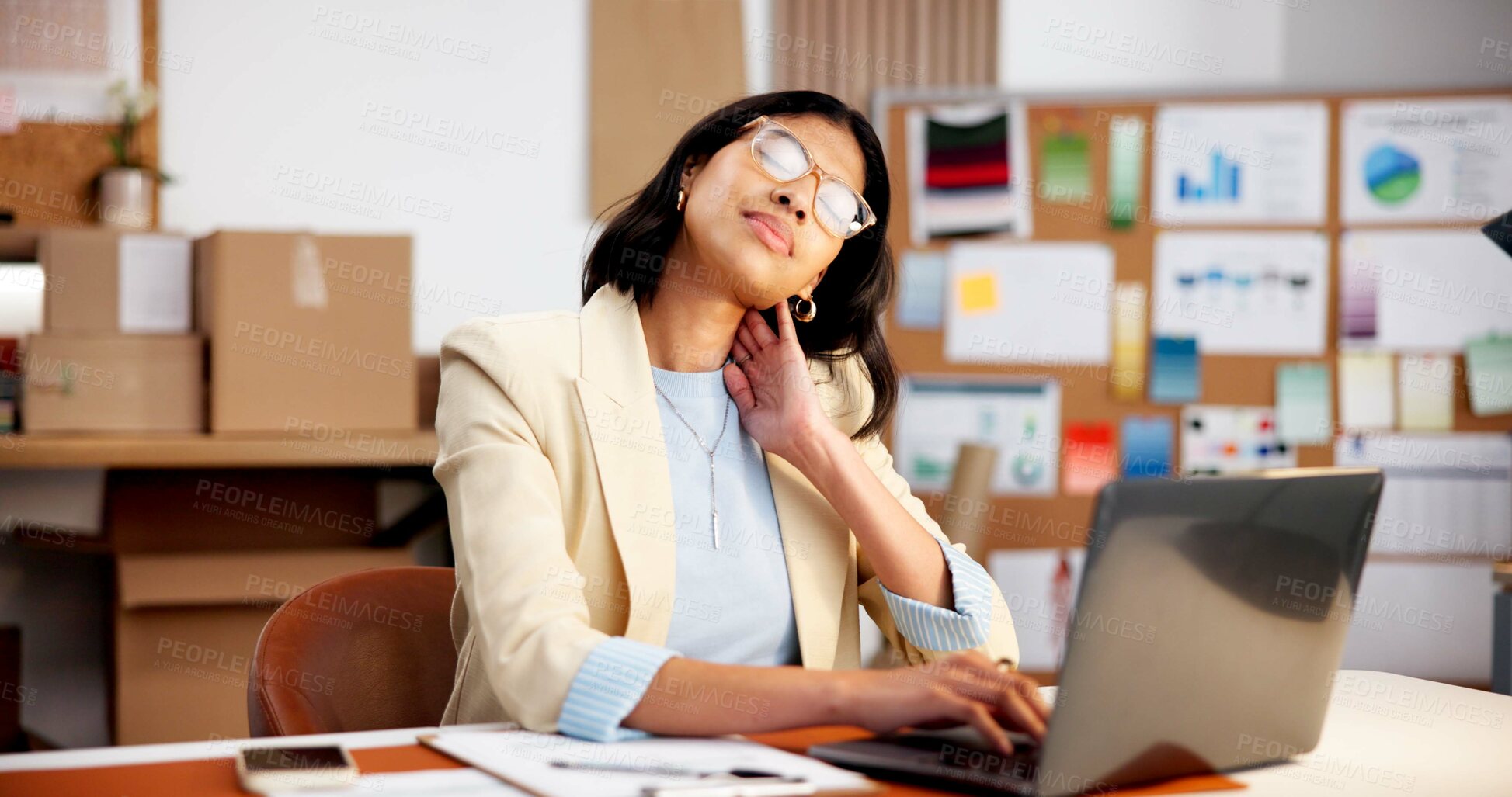 Buy stock photo Logistics, laptop or woman in office with neck pain, burnout or muscle tension in ecommerce business. Tendinitis, bad posture or supplier with tech, cervical sprain or fatigue in startup management.