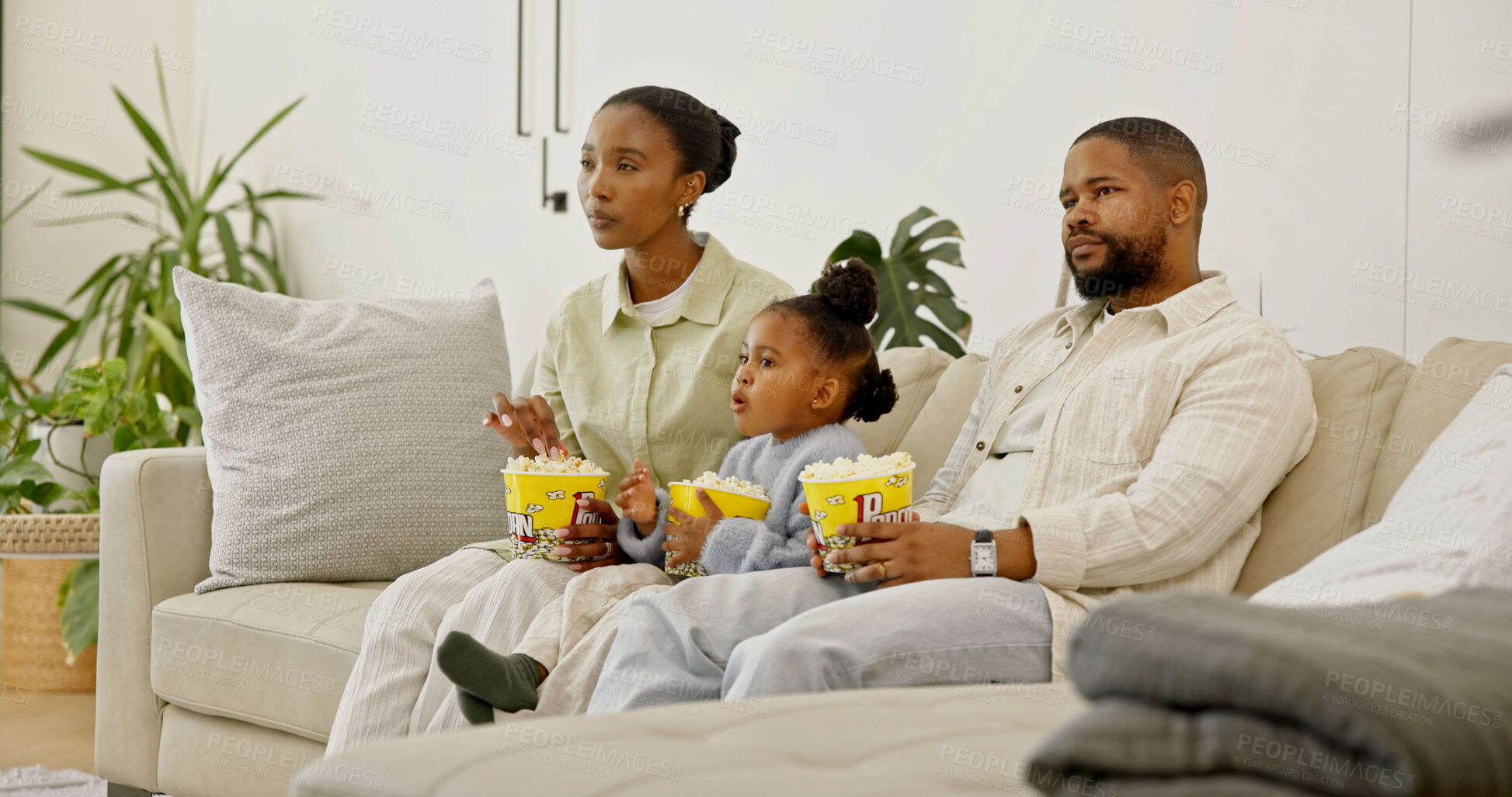 Buy stock photo Relax, parents or kid with popcorn for watching tv, movie entertainment or weekend bonding in home. Black people, child or streaming subscription with snacks for family friendly film, cartoon or care