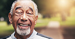 Portrait, old man and smile outdoor for fitness, confidence and exercise for healthy lifestyle. Happy, senior person or laughing at park for health benefits, training and morning routine for wellness