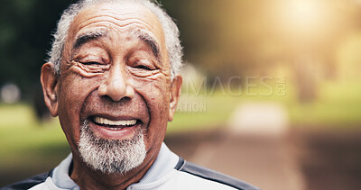Buy stock photo Portrait, old man and smile outdoor for fitness, confidence and exercise for healthy lifestyle. Happy, senior person or laughing at park for health benefits, training and morning routine for wellness