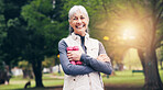 Portrait, old woman and dumbbells at park for fitness, exercise and training for healthy lifestyle. Smile, senior person and arms crossed in nature for pilates, workout and fresh air for wellness