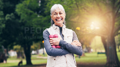 Buy stock photo Portrait, old woman and dumbbells at park for fitness, exercise and training for healthy lifestyle. Smile, senior person and arms crossed in nature for workout, confidence or retirement wellness