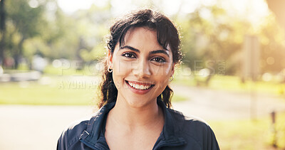 Buy stock photo Outdoor, portrait and woman with smile, fitness and pride after physical activity or workout at park. Confident, athlete and happy person on break, rest or exercise for health and fresh air in nature