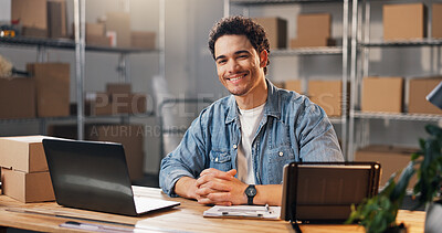 Buy stock photo Logistics, happy or man in agency with portrait, courier operation or business owner in supply chain. Distribution, smile or entrepreneur with confidence, cargo lead or about us in freight management