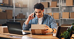 Ecommerce, man and box in office with phone call, confirm online order and distribution with courier. Person, talk and tech with delivery contact for package, logistics or planning merchandise export