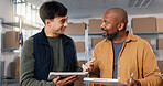 People, talking and logistics at startup with tablet, inventory and supply chain for distribution. Smile, team and planning in office with tech, stock availability and delivery schedule for ecommerce
