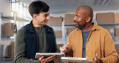 Buy stock photo People, talking and logistics at startup with tablet, inventory and supply chain for distribution. Smile, team and planning in office with tech, stock availability and delivery schedule for ecommerce