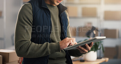 Buy stock photo Logistics, hands and typing in office with tablet, website and research courier price for shipping. Man, ecommerce app or online with tech for planning, check delivery cost and distribution expenses.