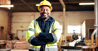 Buy stock photo Happy, black man and arms crossed in workshop for carpentry trade, joinery expert or about us. PPE, mature shopfitter and confident in portrait for custom cabinetry, manufacturing and skilled worker