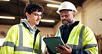 Carpentry, planning and people on tablet in warehouse for manufacturing, meeting and production. Woodworking, inventory and man with supervisor for timber, lumber and order for construction business