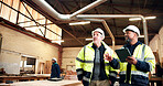Woodworking, team and men with tablet in warehouse, inspection or planning for furniture production. Carpenter, collaboration and happy mature people with tech, quality control and project management