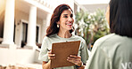 Clipboard, volunteer and happy woman with colleague for team donation, checklist or charity campaign. Female person, activist or community service with smile or teamwork for outdoor outreach together