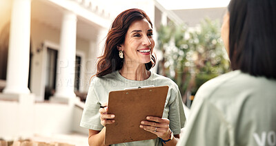 Buy stock photo Clipboard, volunteer and happy woman with colleague for team donation, checklist or charity campaign. Female person, activist or community service with smile or teamwork for outdoor outreach together