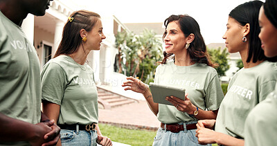 Buy stock photo Volunteer, happy people or tablet outdoor for planning charity event, task delegation or instruction. NGO, mature team leader and tech for group coordination, fundraising briefing and digital roster