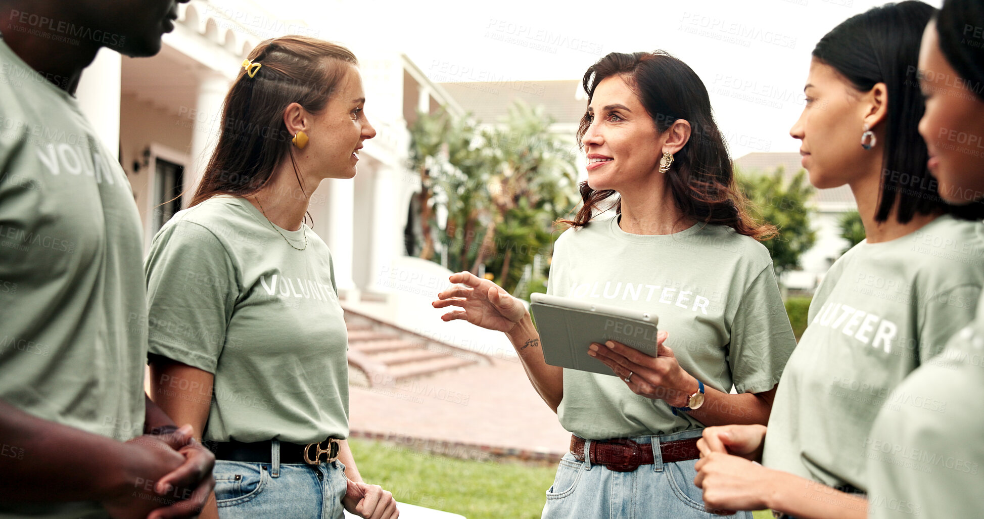 Buy stock photo Volunteer, happy people or tablet outdoor for planning charity event, task delegation or instruction. NGO, mature team leader and tech for group coordination, fundraising briefing and digital roster