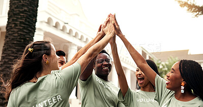 Buy stock photo Volunteer, laughing and high five with team, outdoor and happy for fundraising success and charity. People, smile and celebration for achievement, collaboration and social responsibility for NGO