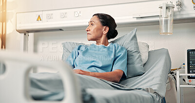 Buy stock photo Hospital bed, thinking and woman with worry for surgery recovery, cancer diagnosis and treatment. Healthcare, clinic and person with reflection, thought and unsure for healing, operation and wellness