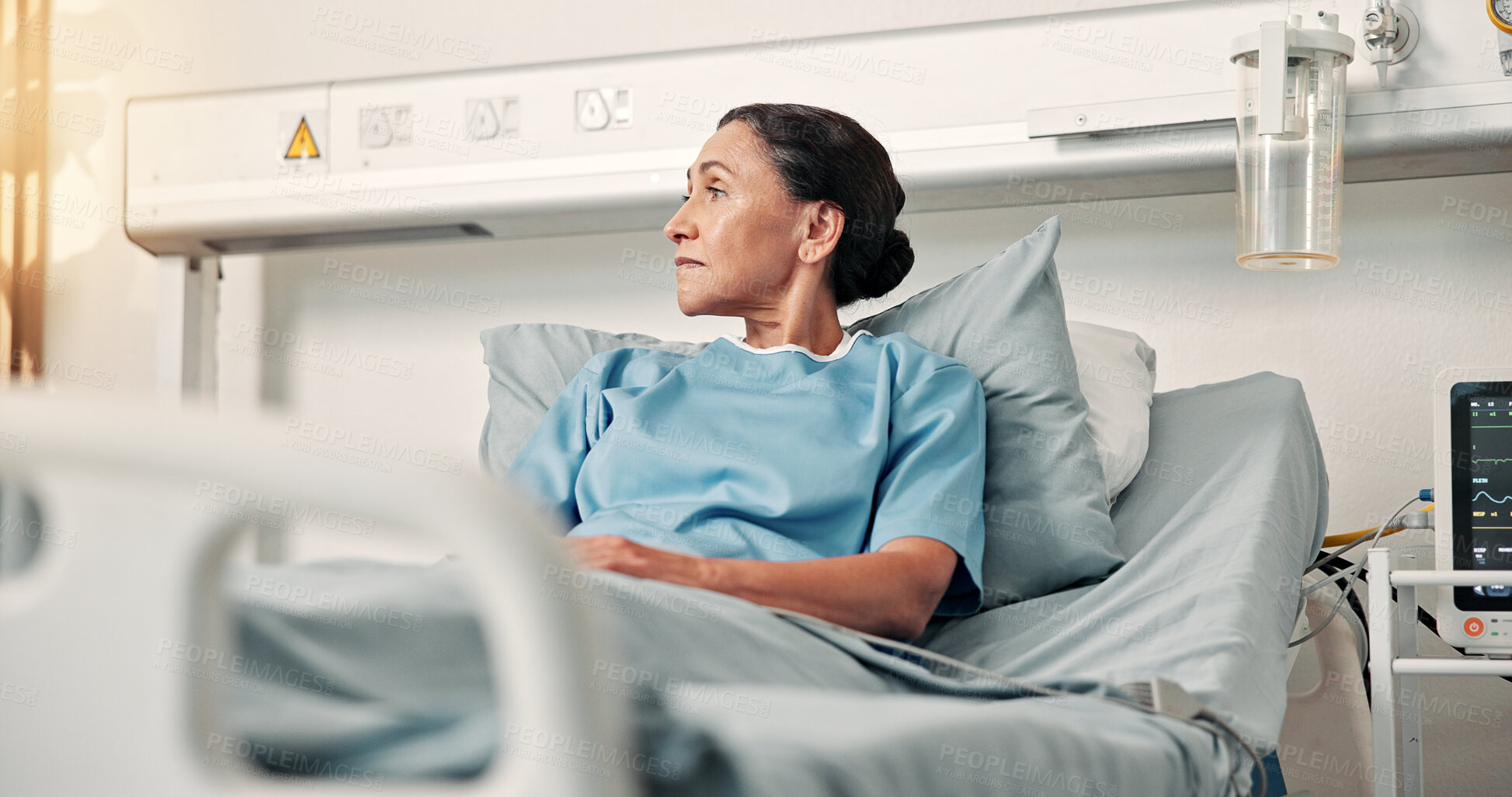 Buy stock photo Hospital bed, thinking and woman with worry for surgery recovery, cancer diagnosis and treatment. Healthcare, clinic and person with reflection, thought and unsure for healing, operation and wellness